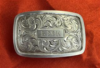 Sterling Silver Belt Buckle by Cust M Bilt Reno Nev, Antique Vintage Engraved